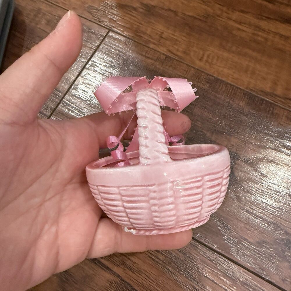 Vtg Pink Woven Trinket Basket Box with Ribbon Bow, Printed Ribbon June 6 1965 H6